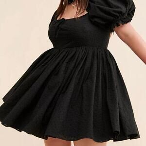 Selkie Beach Day Dress Black Eyelet Cotton Puff Sleeve Babydoll Mini Size S